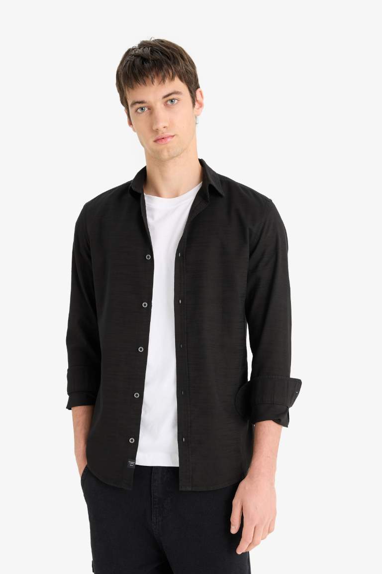 Slim Fit Dar Kesim Pamuklu Basic Düz Uzun Kollu Siyah Gömlek