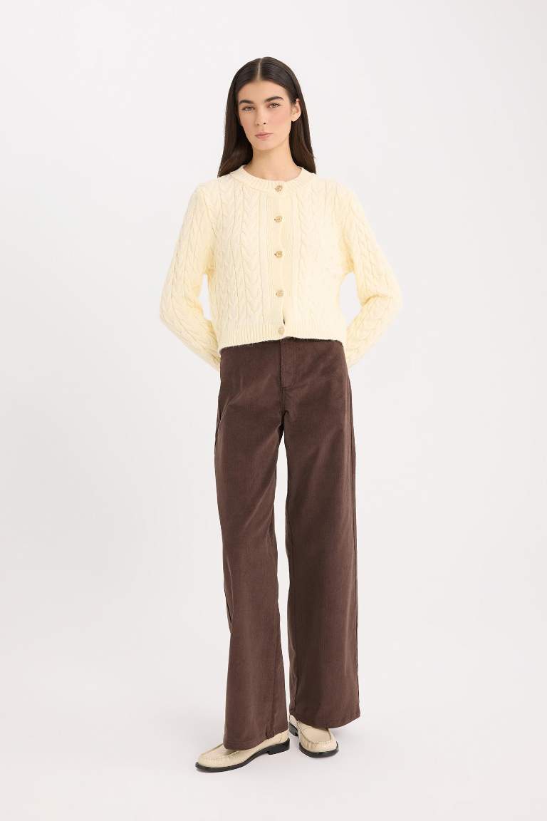 Wide Leg Fitilli Kadife Kışlık Pantolon Yüksek Bel Geniş Bol Paça Basic Düz Cepli
