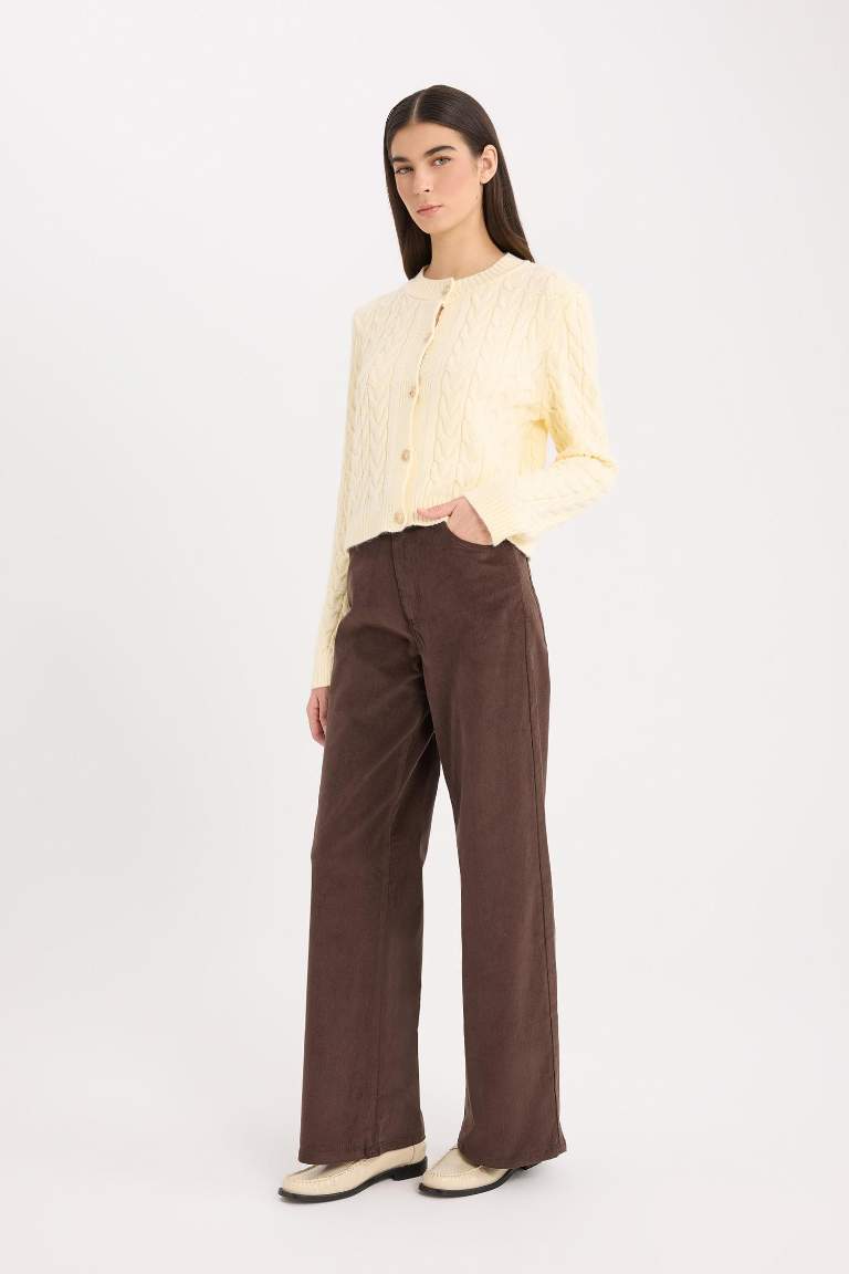 Wide Leg Fitilli Kadife Kışlık Pantolon Yüksek Bel Geniş Bol Paça Basic Düz Cepli