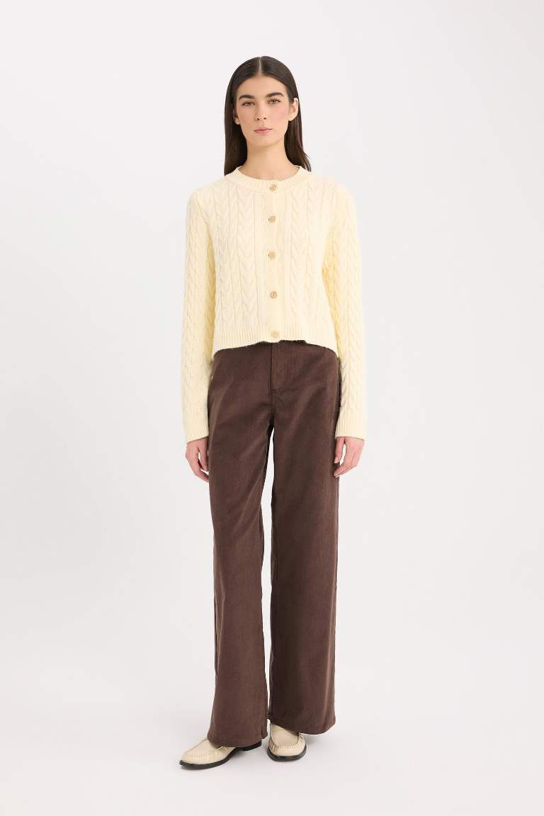 Wide Leg Fitilli Kadife Kışlık Pantolon Yüksek Bel Geniş Bol Paça Basic Düz Cepli