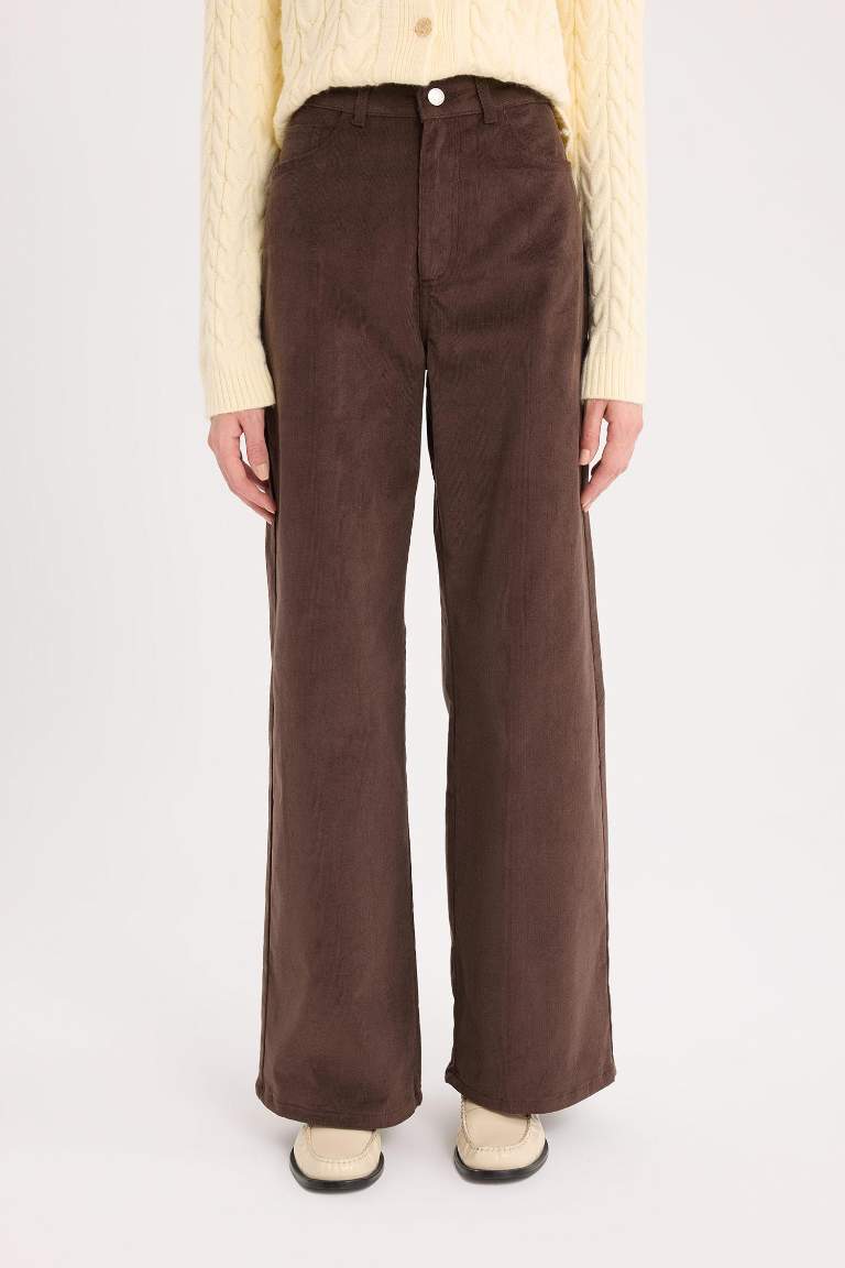 Wide Leg Fitilli Kadife Kışlık Pantolon Yüksek Bel Geniş Bol Paça Basic Düz Cepli