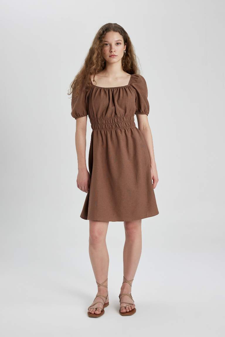 Square Collar linen Mini Dress