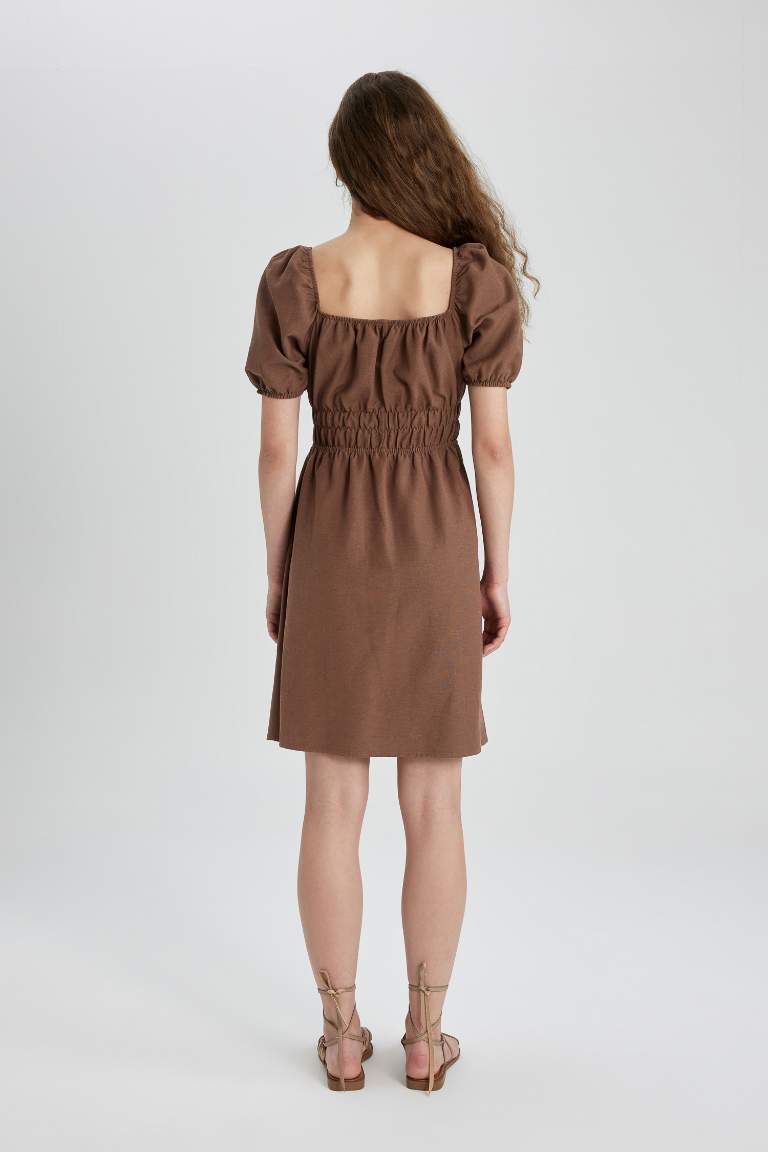 Square Collar linen Mini Dress