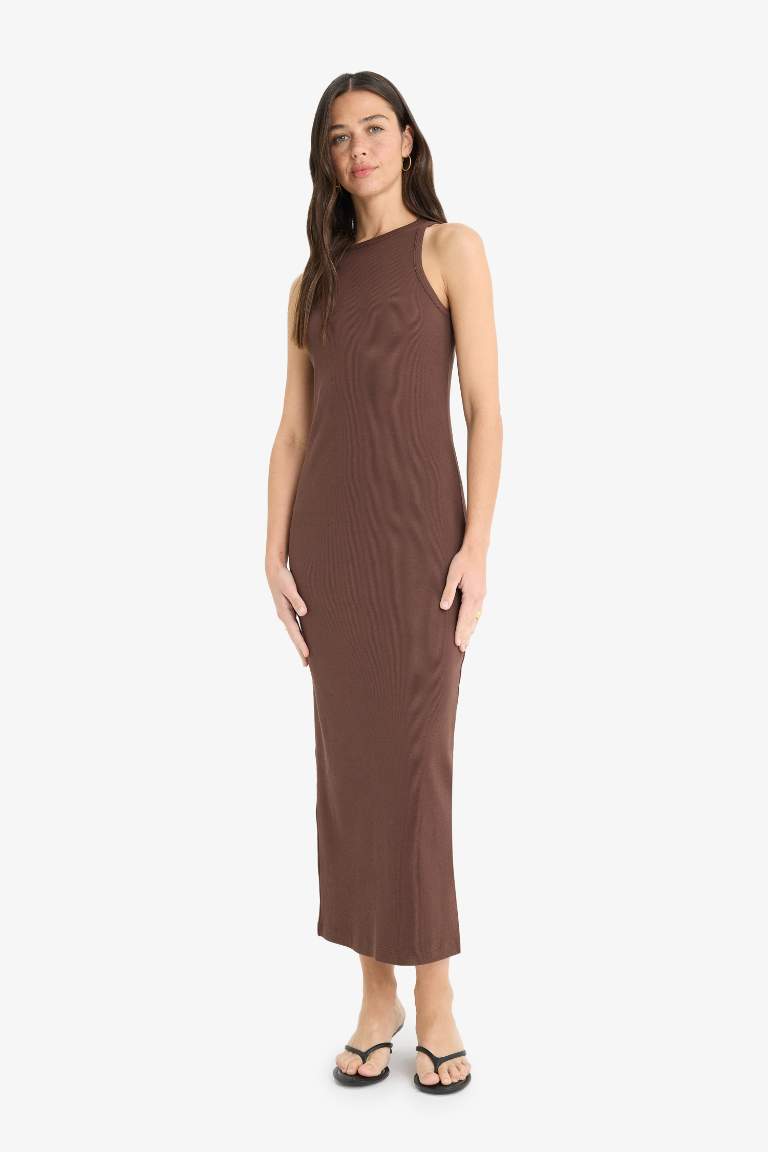 Bodycon Vücudu Saran Halter Yaka Fitilli Kaşkorse Kolsuz Maxi Elbise