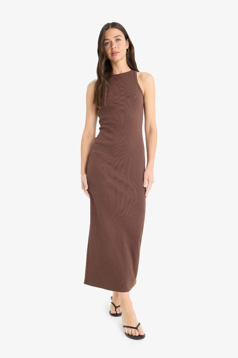 Bodycon Vücudu Saran Halter Yaka Fitilli Kaşkorse Kolsuz Maxi Elbise