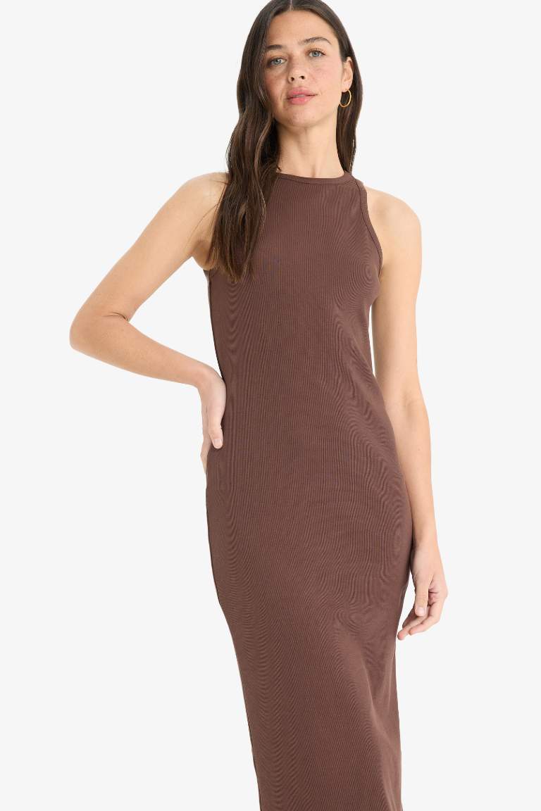 Bodycon Vücudu Saran Halter Yaka Fitilli Kaşkorse Kolsuz Maxi Elbise