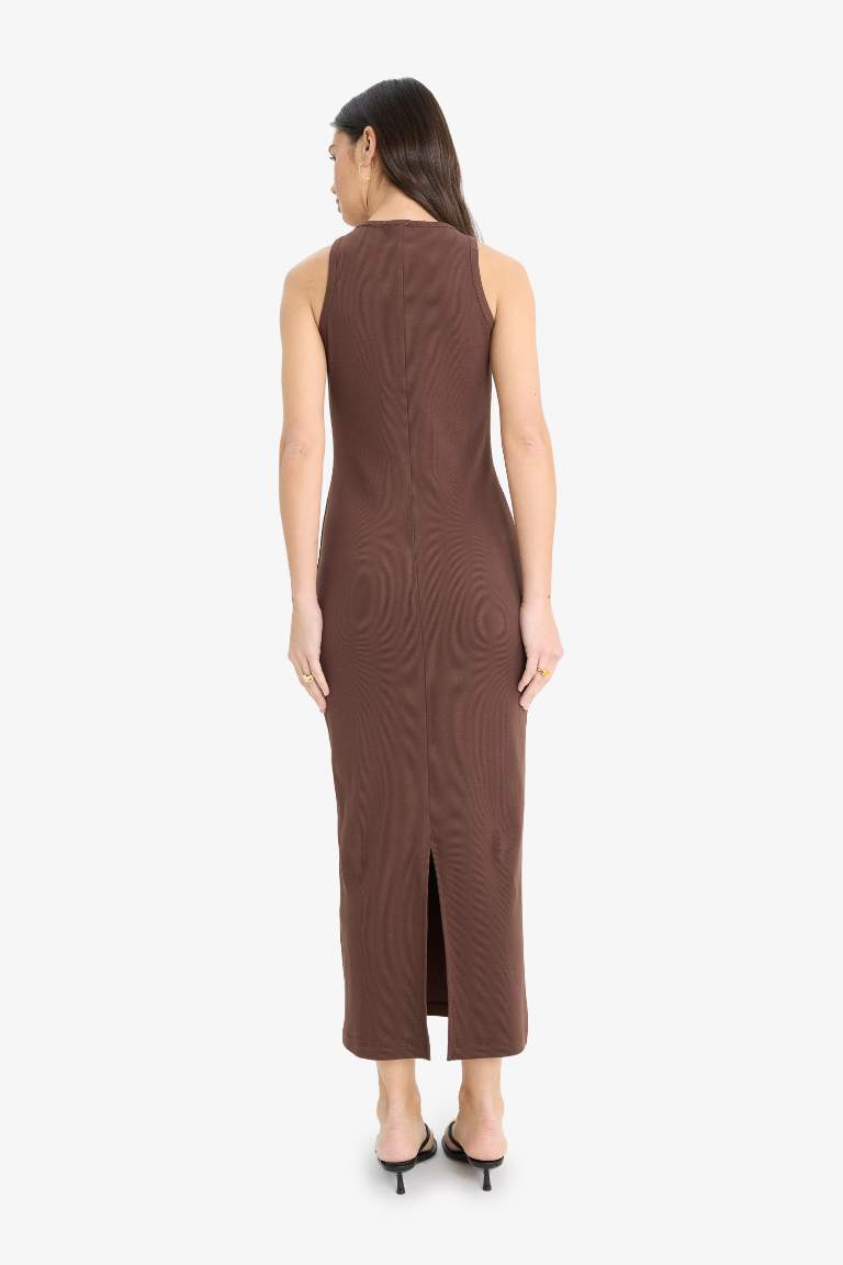 Bodycon Vücudu Saran Halter Yaka Fitilli Kaşkorse Kolsuz Maxi Elbise