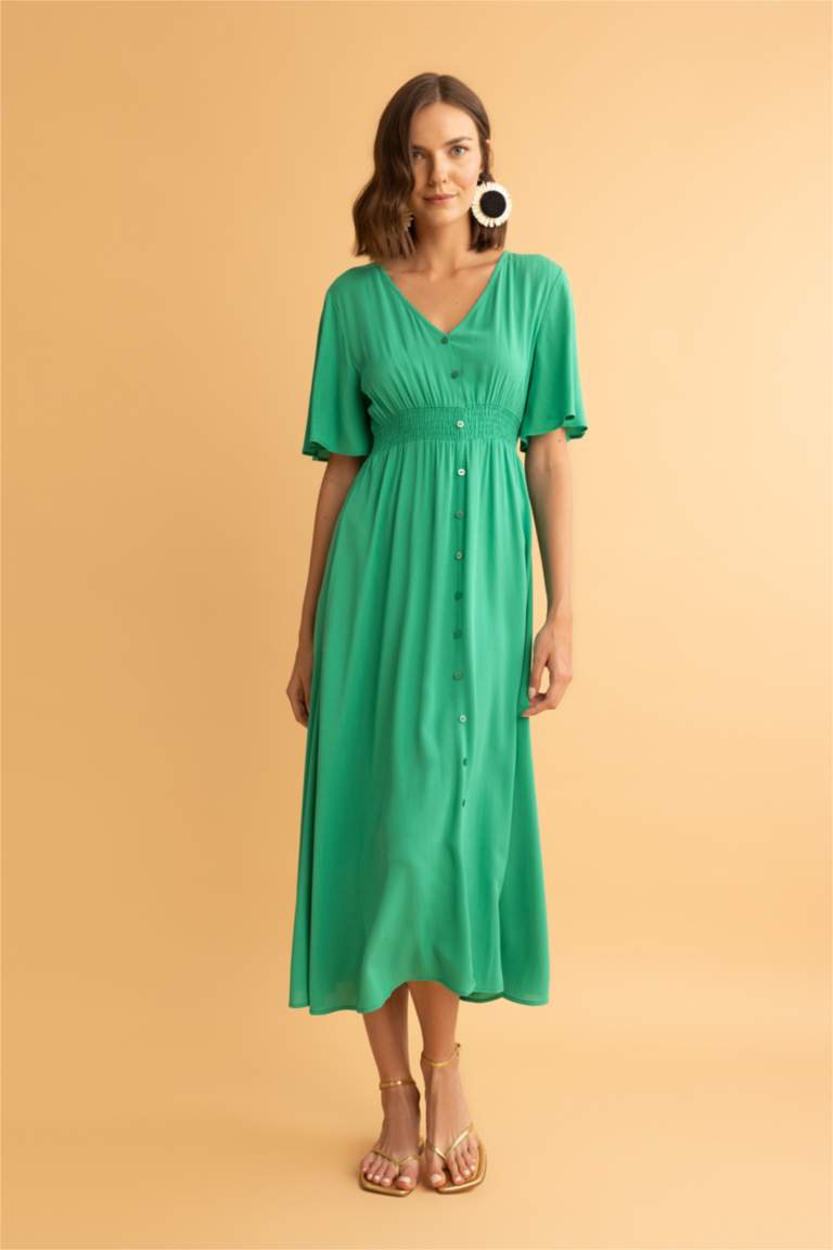 Green WOMAN V Neck Crinkle Viscose Butterfly Sleeve Midi Short Sleeve