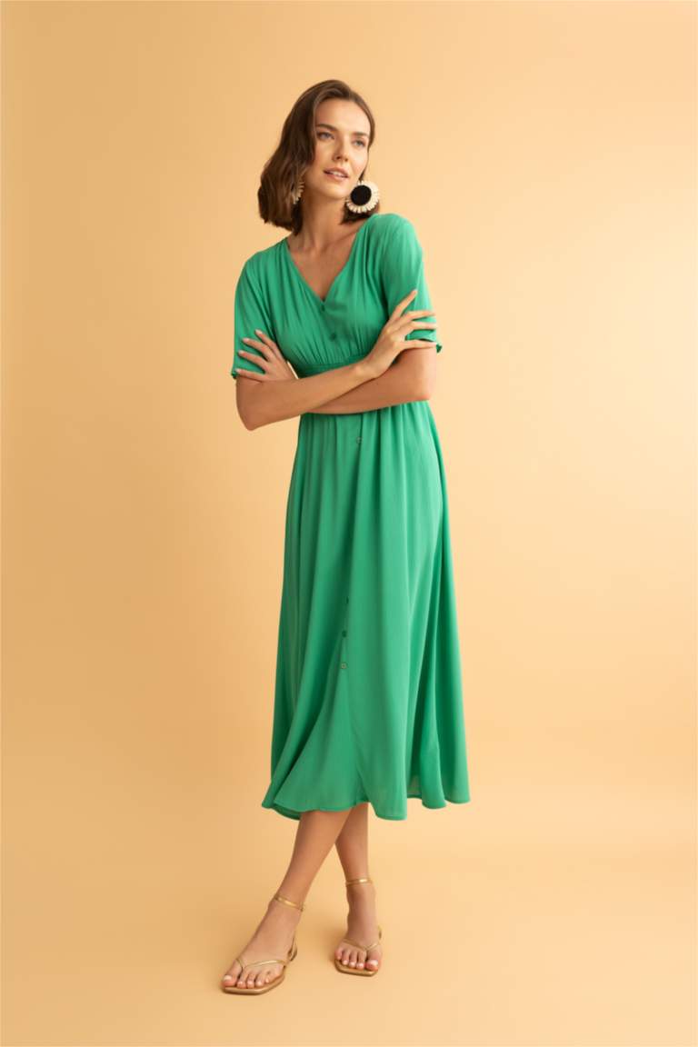 Green WOMAN V Neck Crinkle Viscose Butterfly Sleeve Midi Short Sleeve