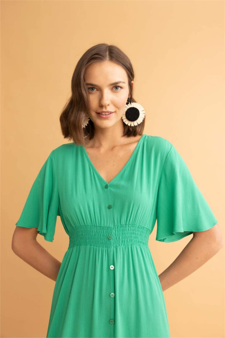 Green WOMAN V Neck Crinkle Viscose Butterfly Sleeve Midi Short Sleeve