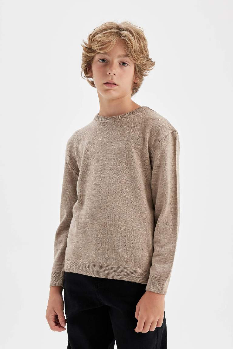 Boy Beige Crew Neck Knitted Basic Pullover