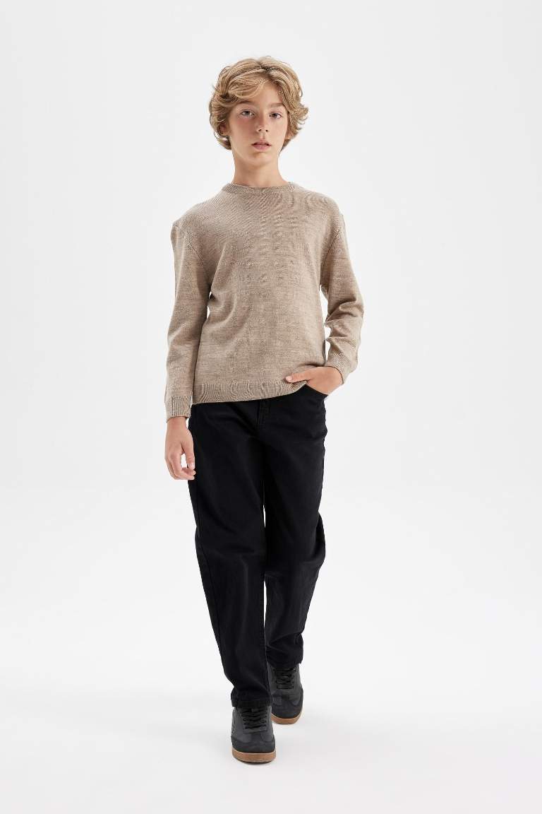 Boy Beige Crew Neck Knitted Basic Pullover