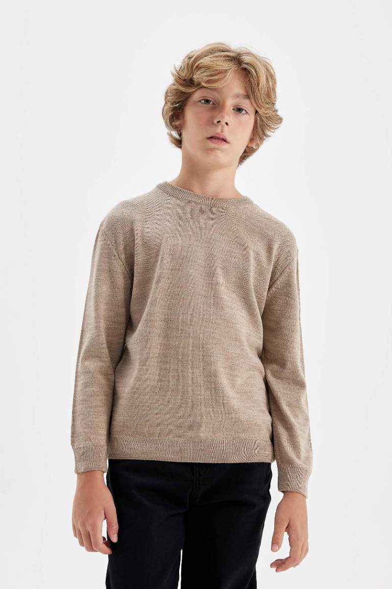 Boy Beige Crew Neck Knitted Basic Pullover