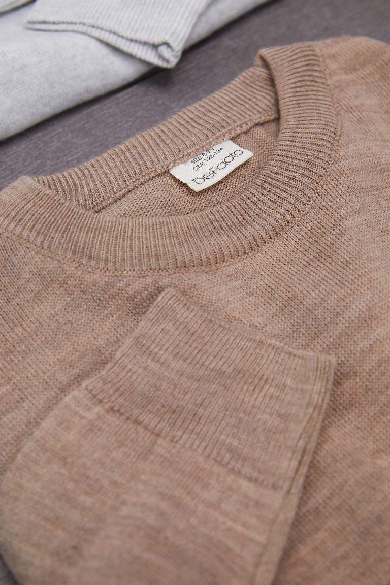 Boy Beige Crew Neck Knitted Basic Pullover