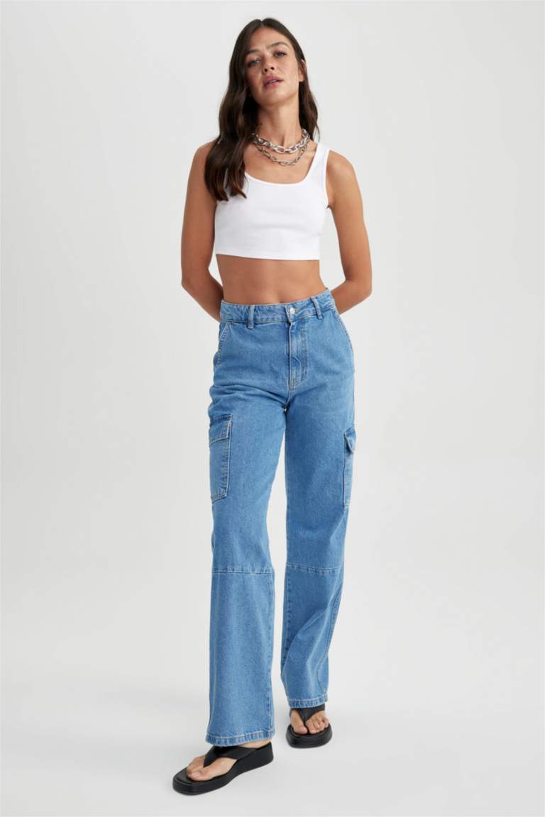 بنطلون جينز وايد ليج بجيب كارجو