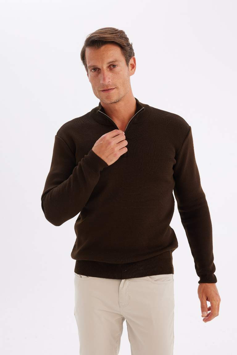 Standard Fit Bato Collar Zippered Basic Knitwear Pullover