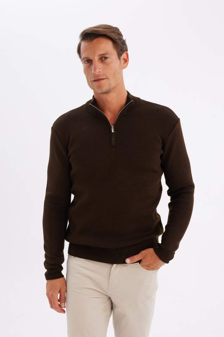 Standard Fit Bato Collar Zippered Basic Knitwear Pullover