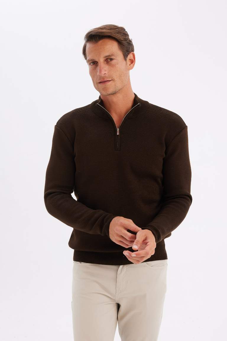 Standard Fit Bato Collar Zippered Basic Knitwear Pullover