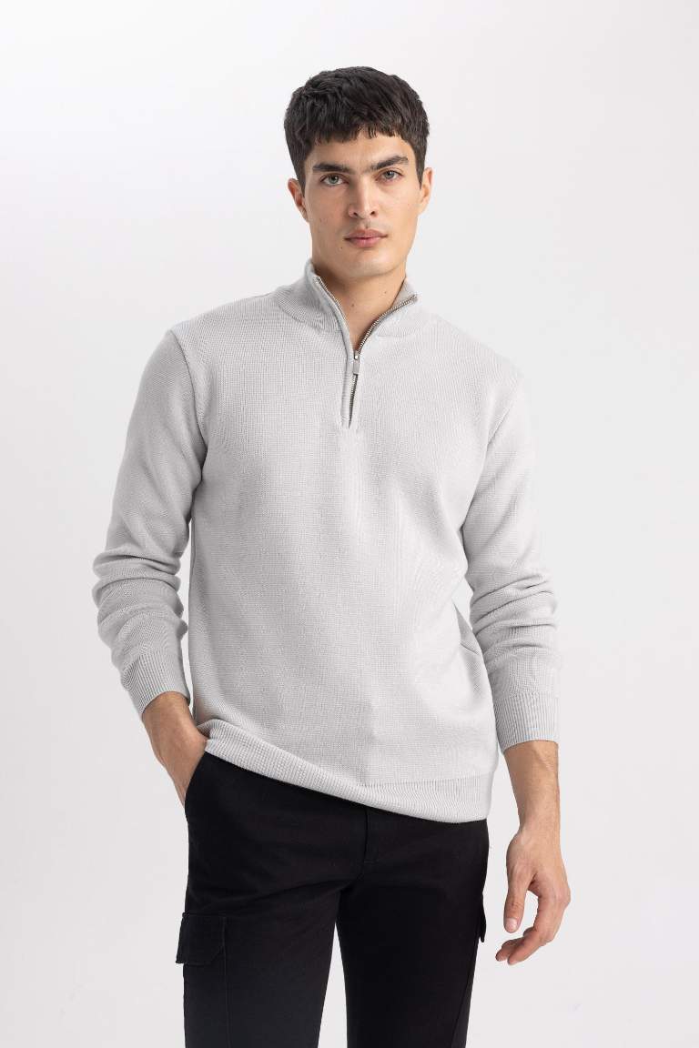 Standard Fit Bato Collar Zippered Basic Knitwear Pullover