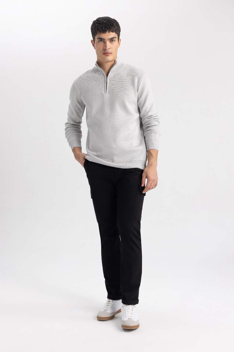 Standard Fit Bato Collar Zippered Basic Knitwear Pullover