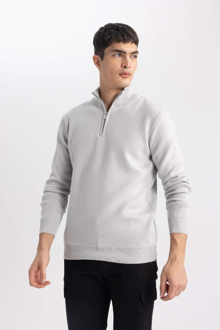 Standard Fit Bato Collar Zippered Basic Knitwear Pullover