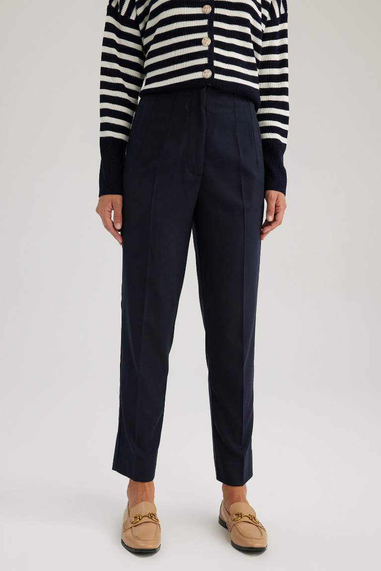 Kumaş Pantolon Slim Fit Dar Kesim Basic Düz Siyah Cepli Yüksek Bel Kısa Paça