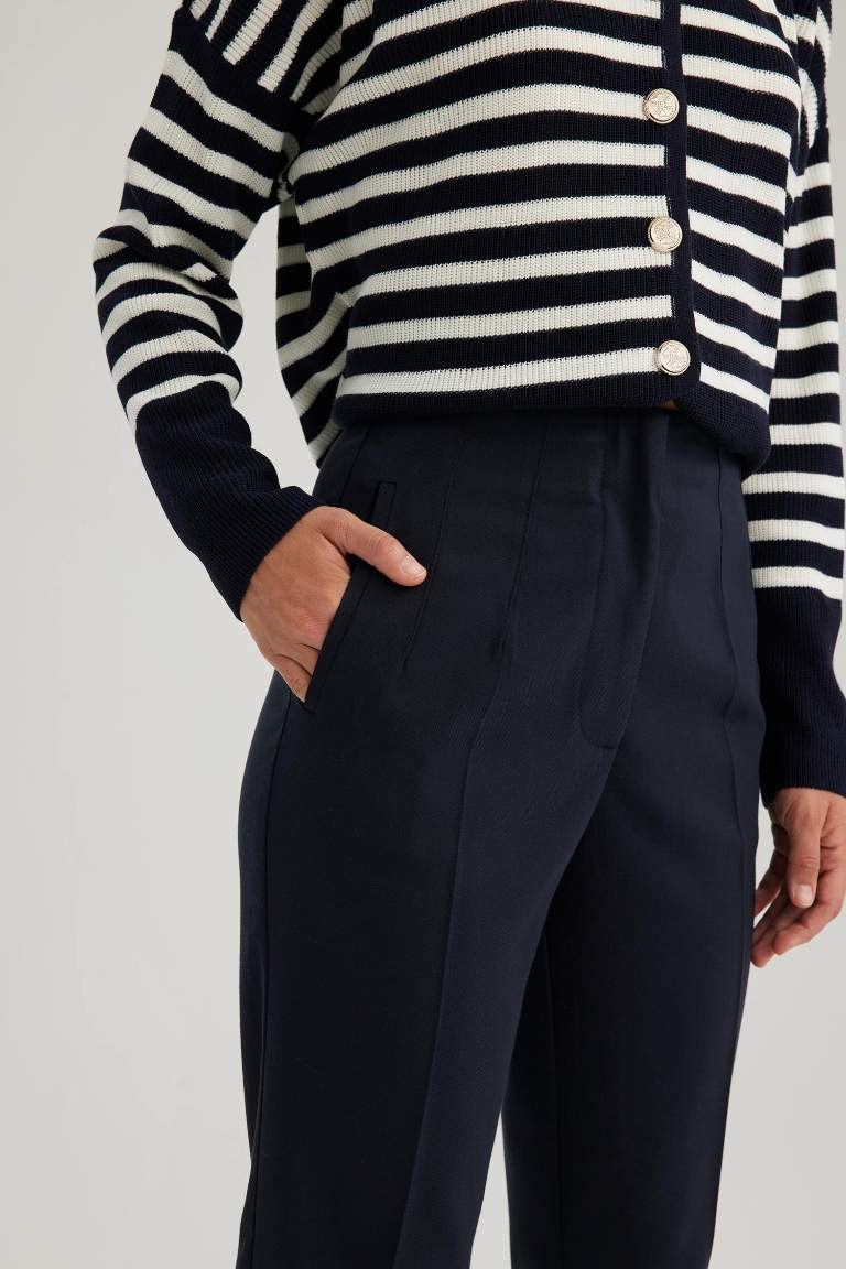 Kumaş Pantolon Slim Fit Dar Kesim Basic Düz Siyah Cepli Yüksek Bel Kısa Paça