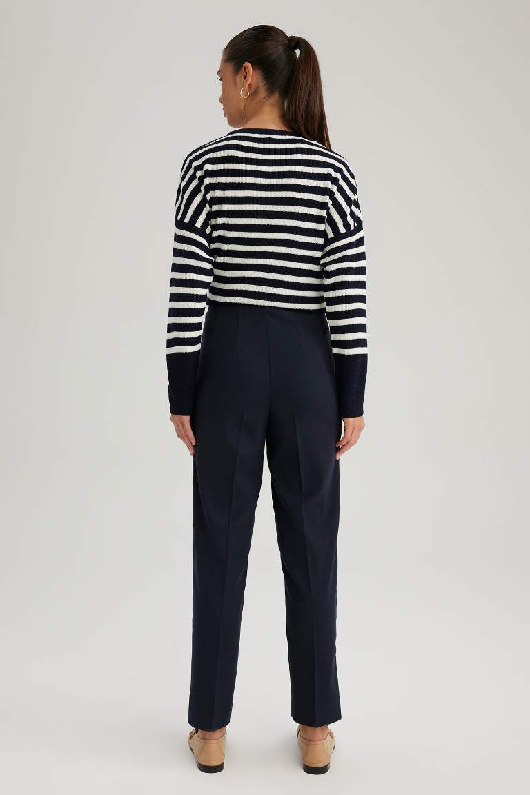 Kumaş Pantolon Slim Fit Dar Kesim Basic Düz Siyah Cepli Yüksek Bel Kısa Paça