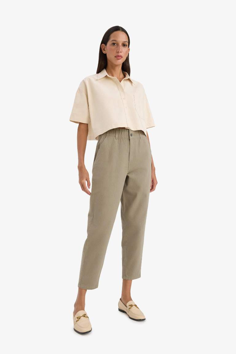 Paperbag High Waist Straight Leg Gabardine Trousers