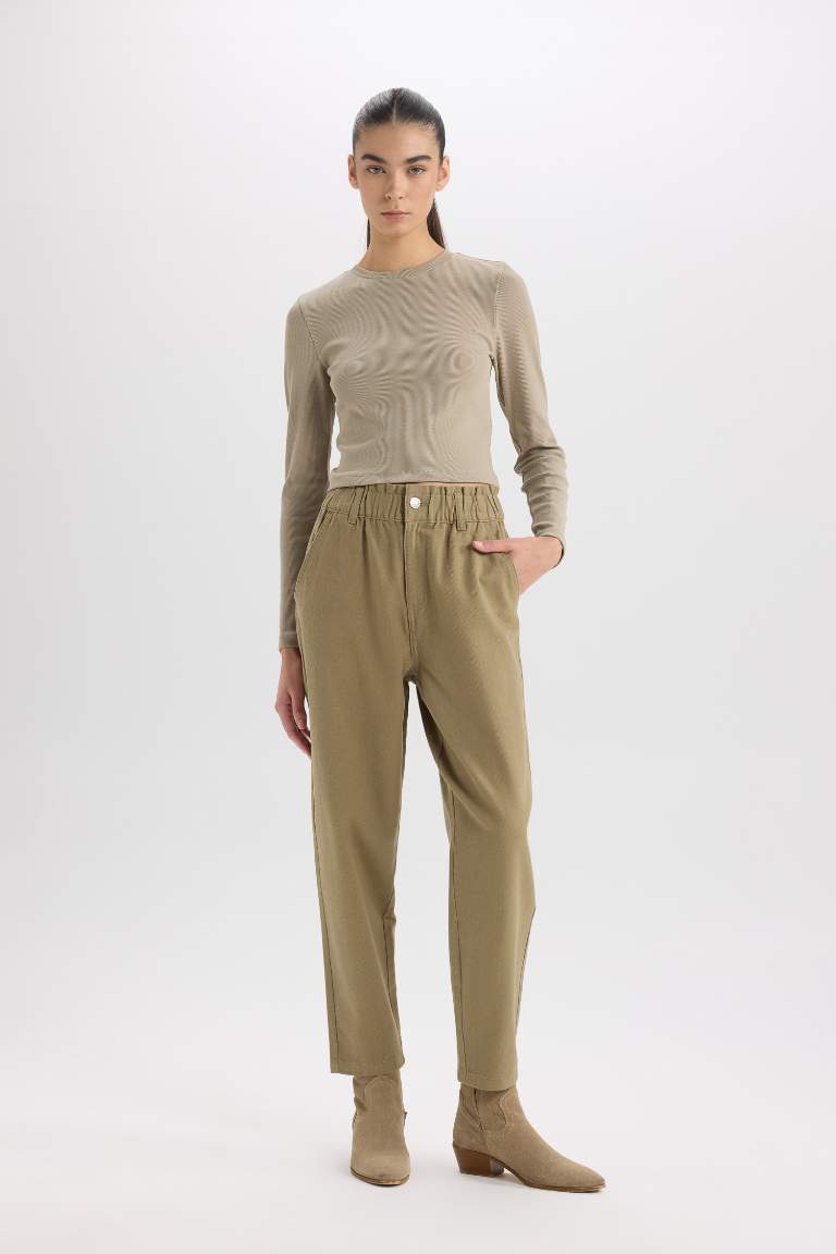 Paperbag High Waist Straight Leg Gabardine Trousers