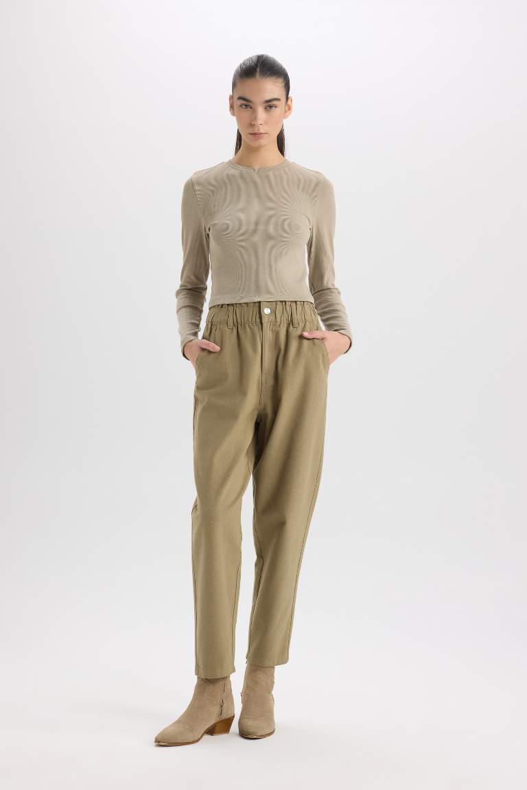 Paperbag High Waist Straight Leg Gabardine Trousers