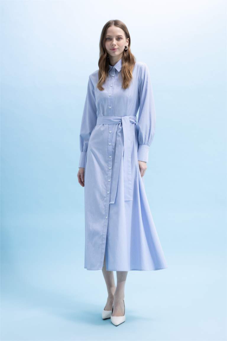 Gömlek Yaka Baskılı Poplin Uzun Kollu Elbise