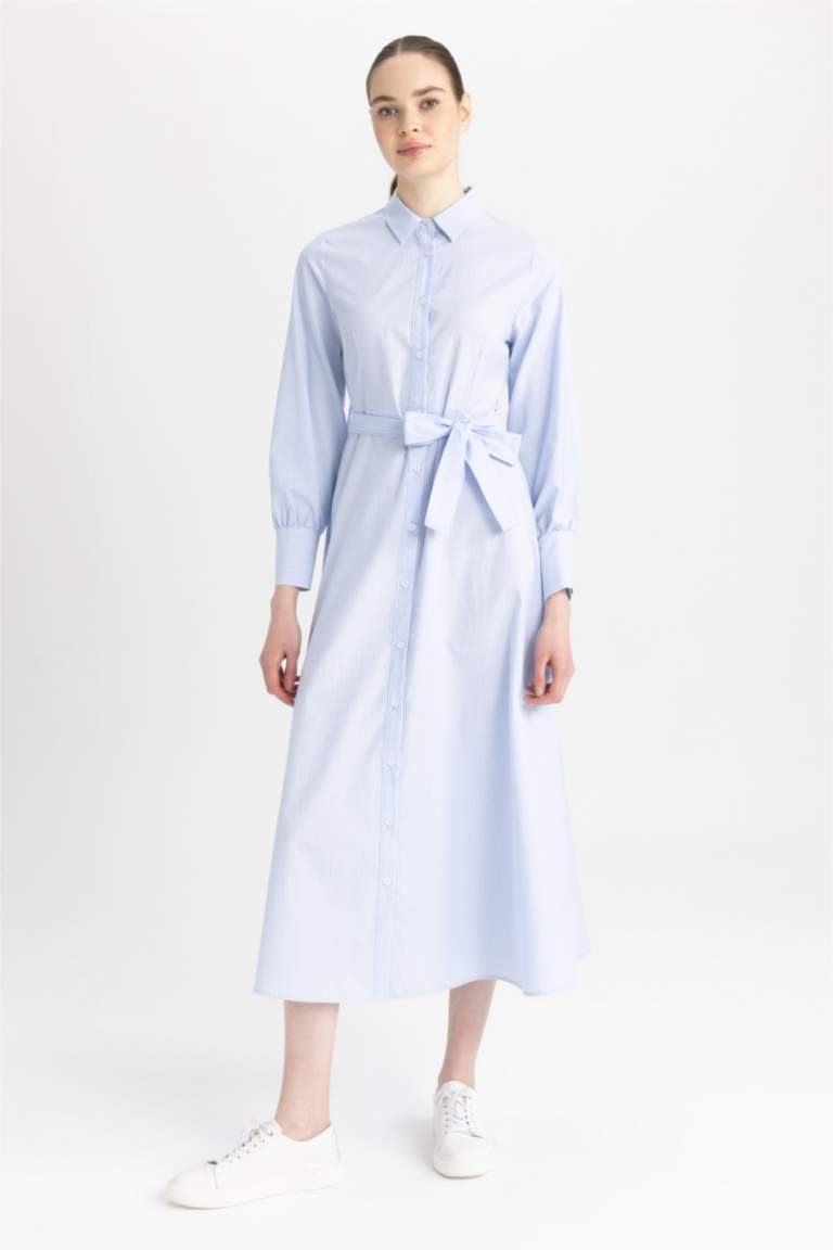 Gömlek Yaka Baskılı Poplin Uzun Kollu Elbise