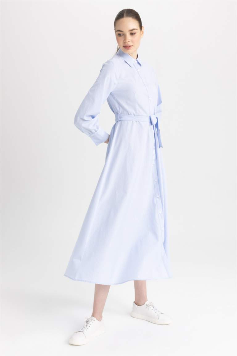 Gömlek Yaka Baskılı Poplin Uzun Kollu Elbise