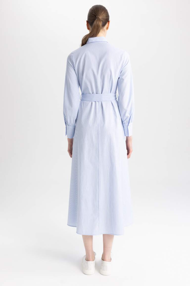 Gömlek Yaka Baskılı Poplin Uzun Kollu Elbise