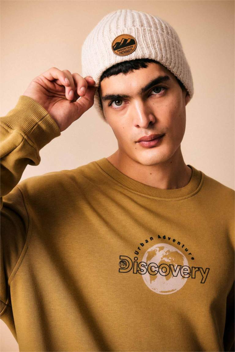 Kahve Erkek Discovery Channel Oversize Fit Bisiklet Yaka Sweatshirt