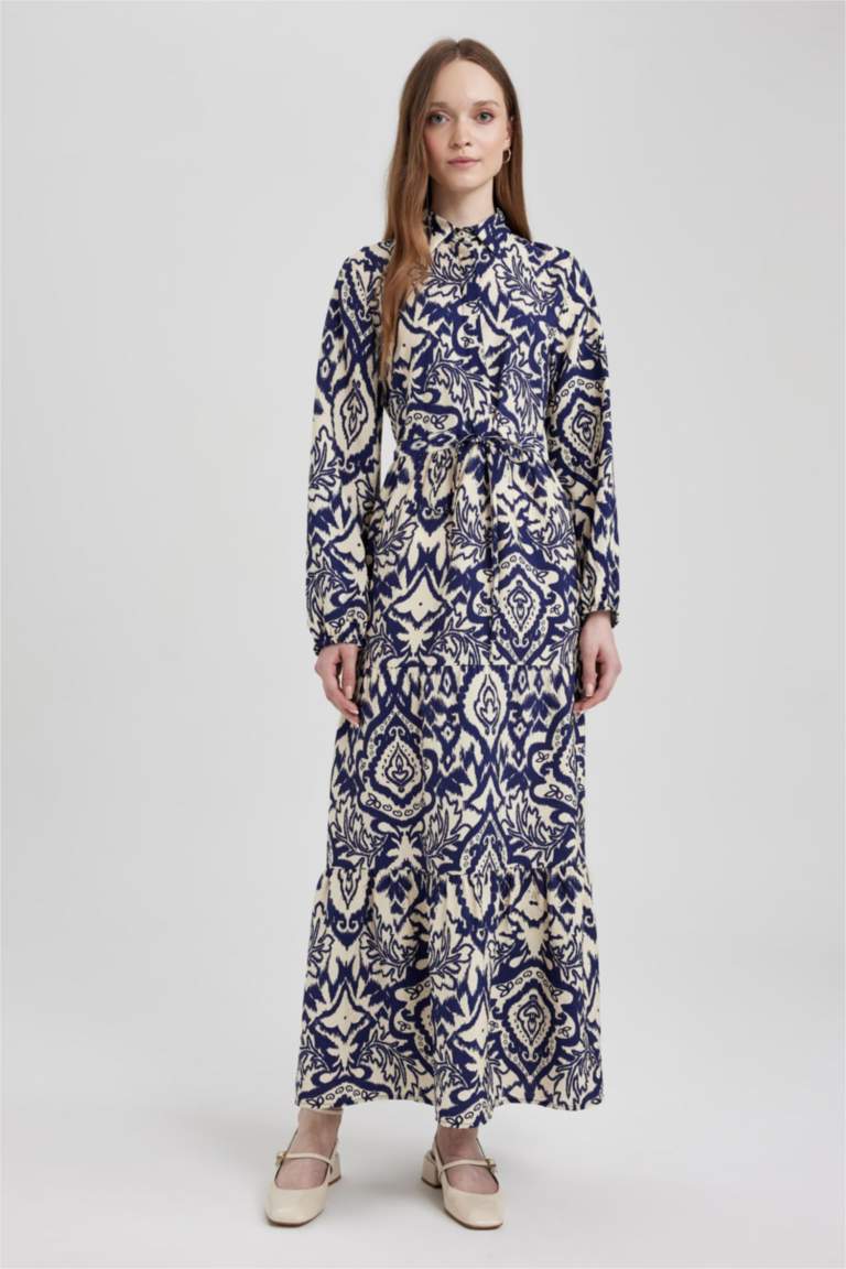 Ecru WOMAN Shirt Collar Printed Long Sleeve Dress 2839296 | DeFacto