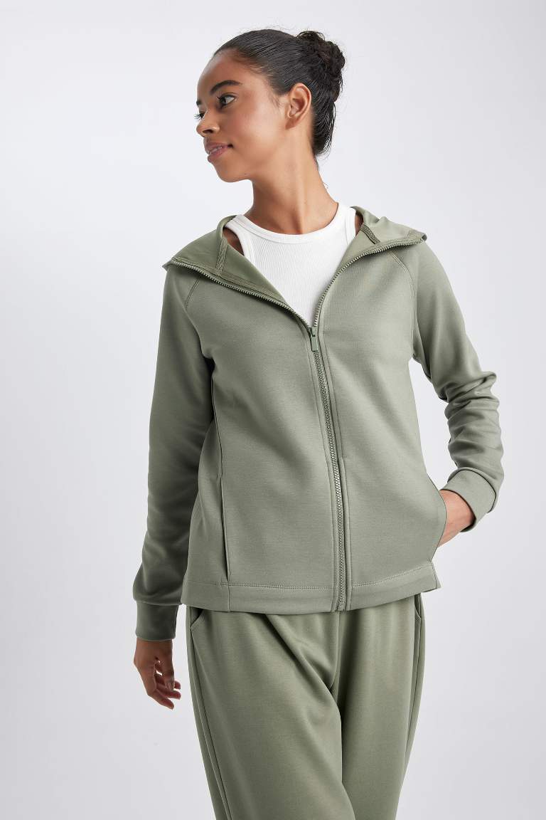 Standard Fit Hooded Scuba Fabric Cardigan