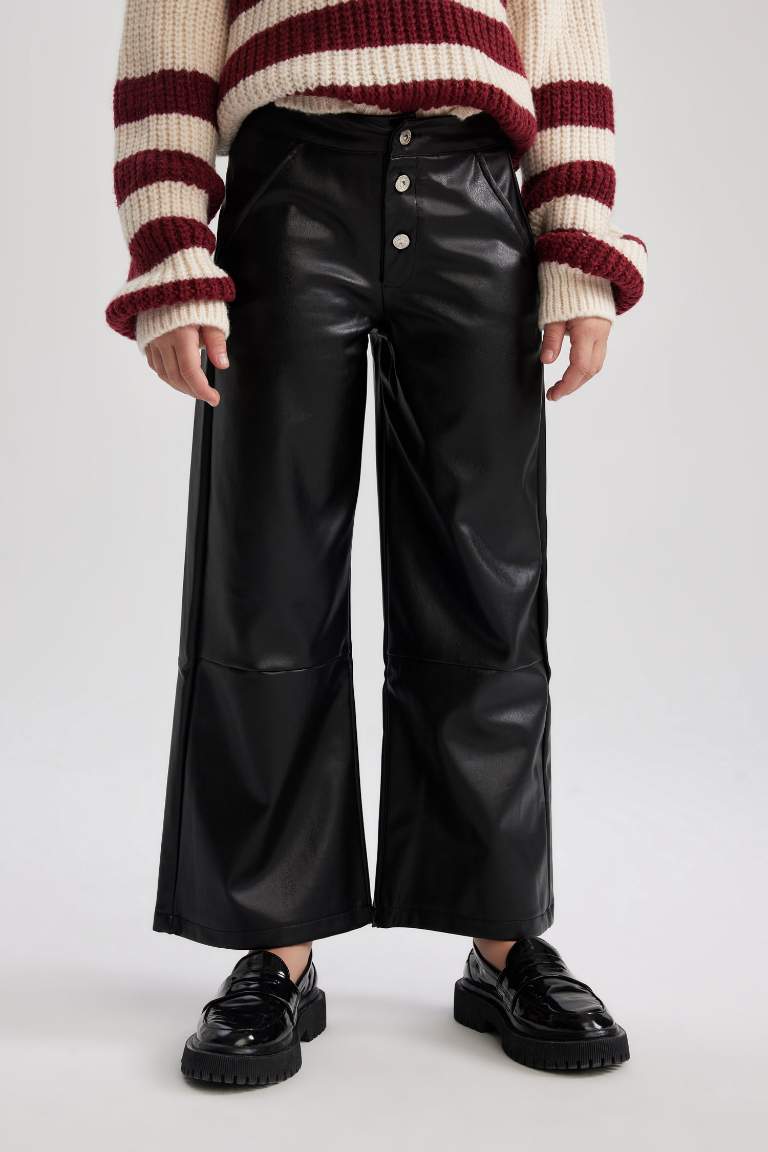 Girl Wide Leg Wide Leg Faux Leather Trousers