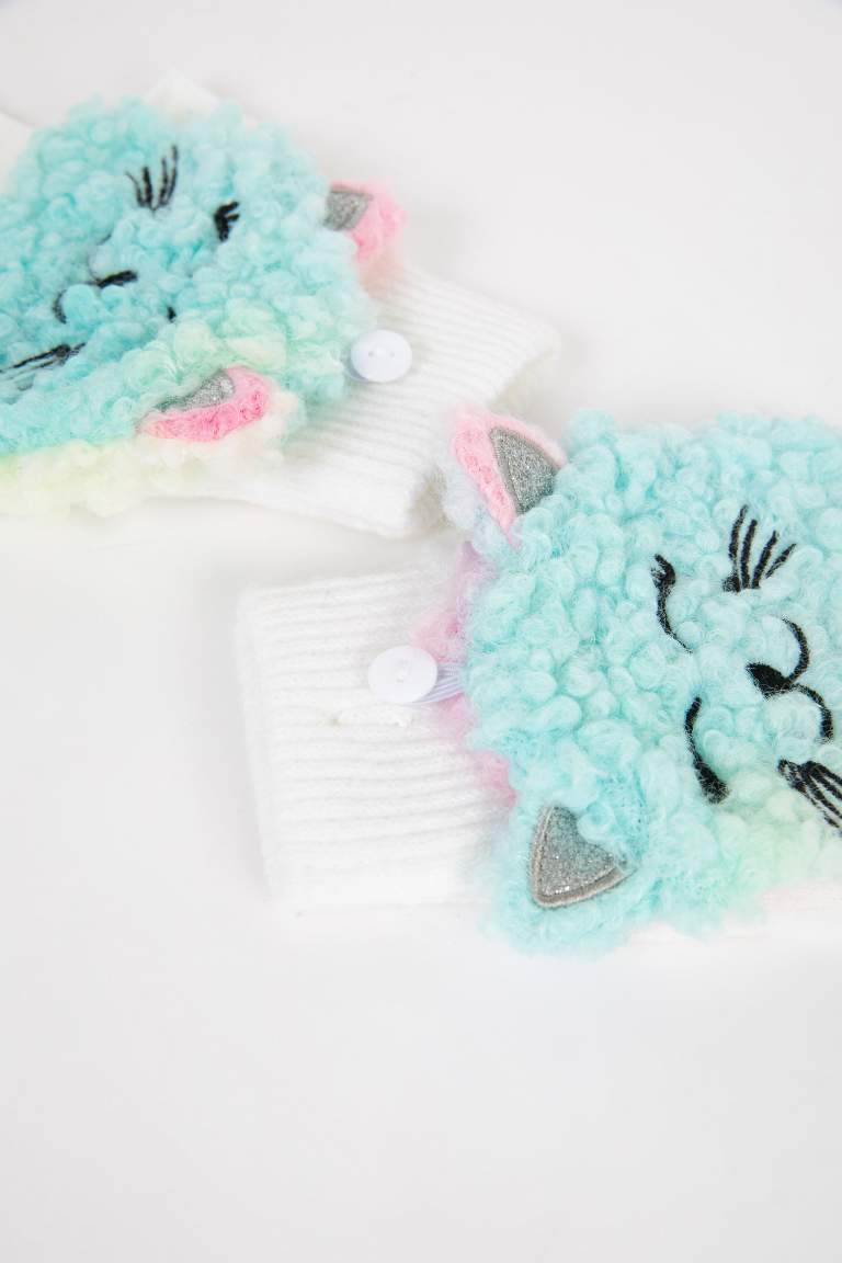 Gants en tricot peluche avec motif chat pour Fille