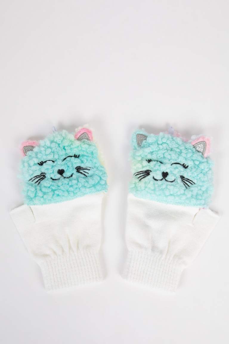 Gants en tricot peluche avec motif chat pour Fille