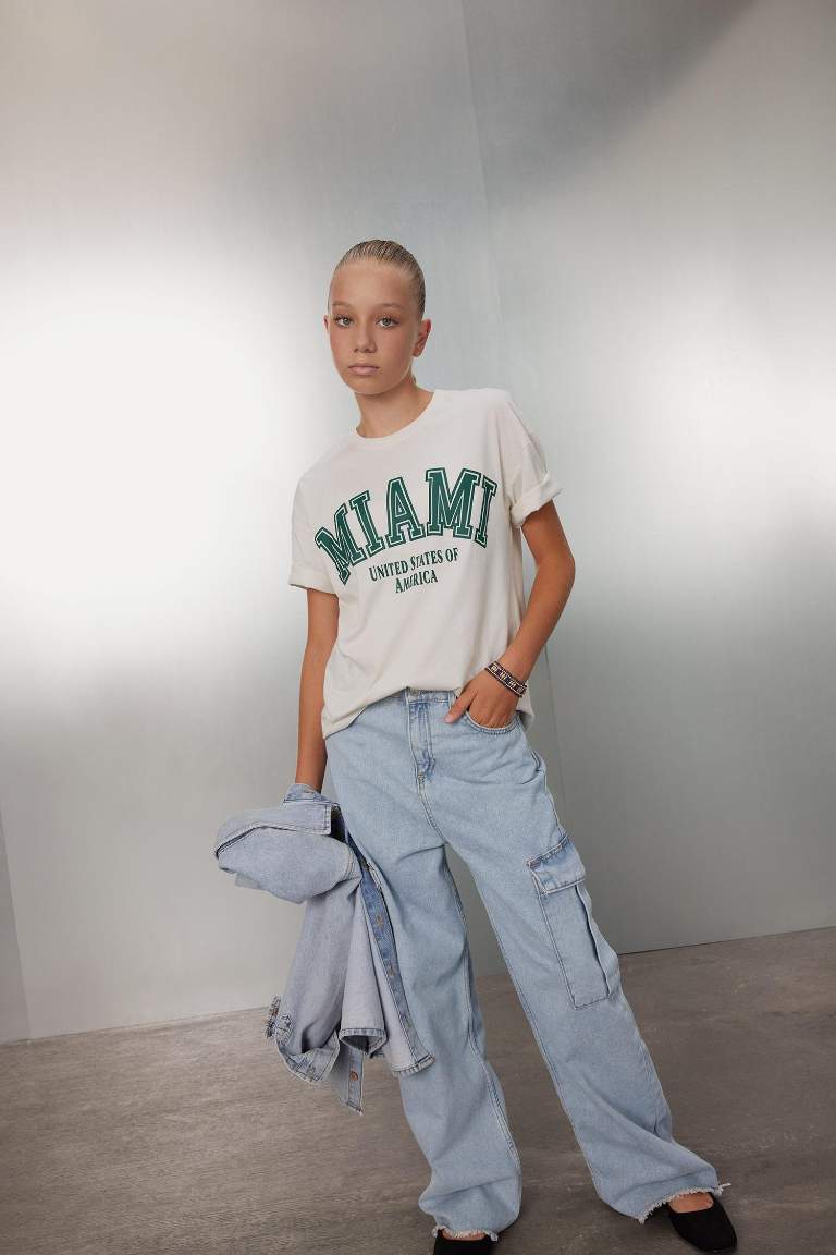 Kız Çocuk Wide Leg Kargo Cepli Geniş Paça Jean Pantolon