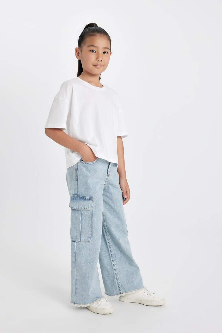 Kız Çocuk Wide Leg Kargo Cepli Geniş Paça Jean Pantolon