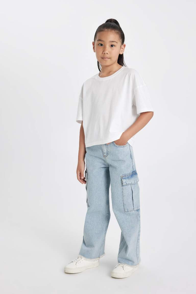 Kız Çocuk Wide Leg Kargo Cepli Geniş Paça Jean Pantolon