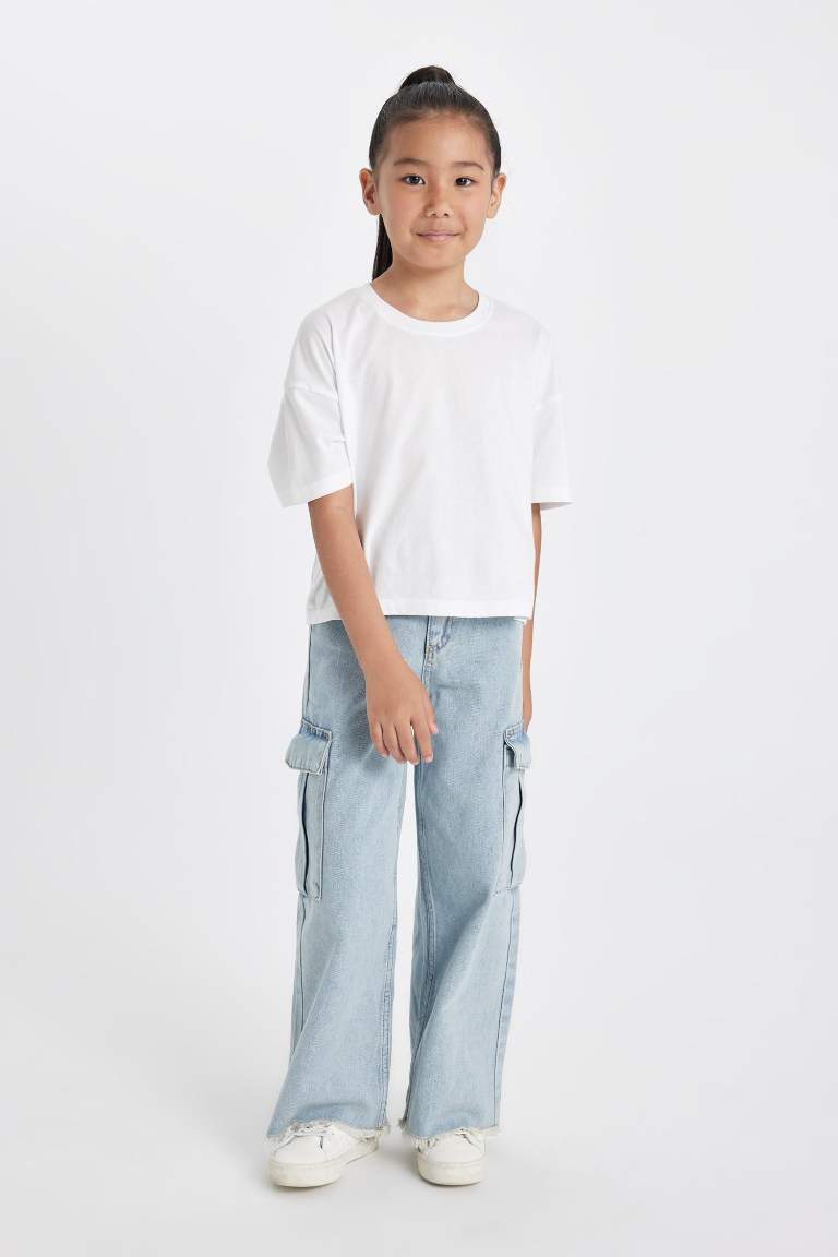Kız Çocuk Wide Leg Kargo Cepli Geniş Paça Jean Pantolon