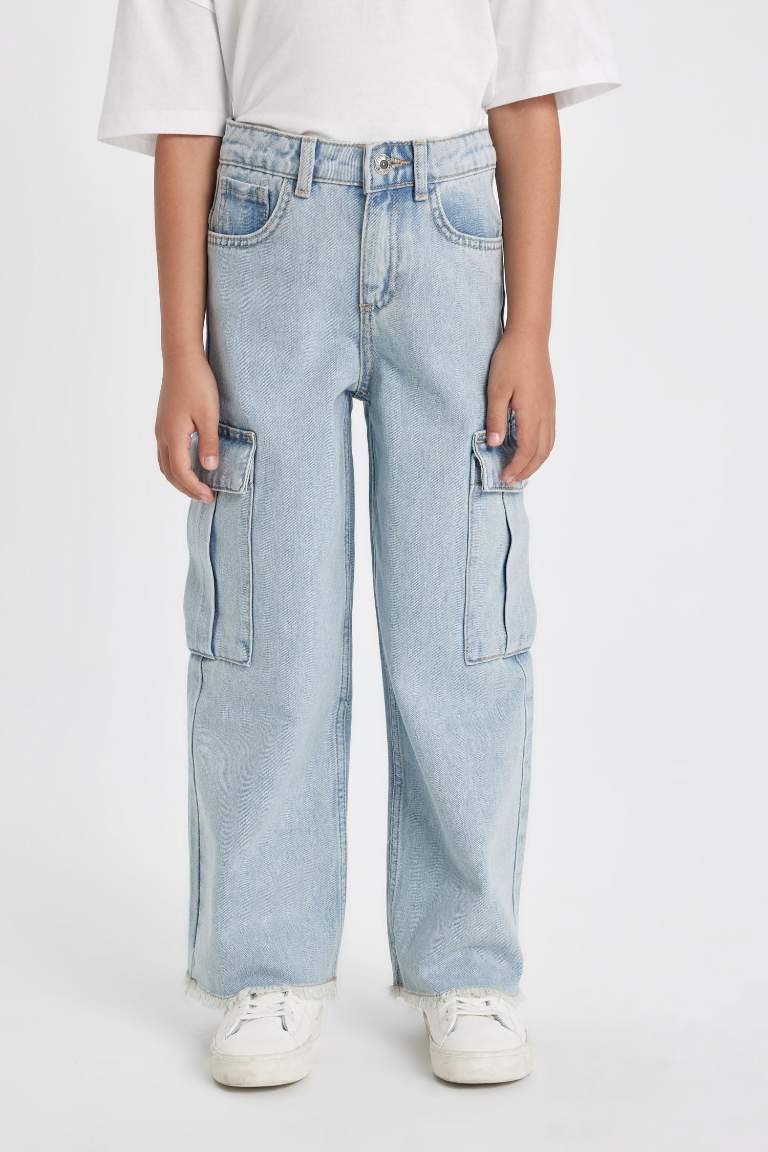 Kız Çocuk Wide Leg Kargo Cepli Geniş Paça Jean Pantolon