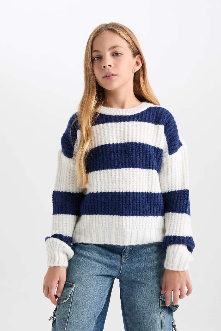 Girl Striped Crew Neck Knit Pullover