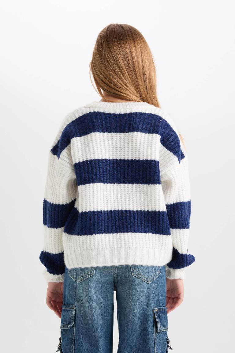 Girl Striped Crew Neck Knit Pullover