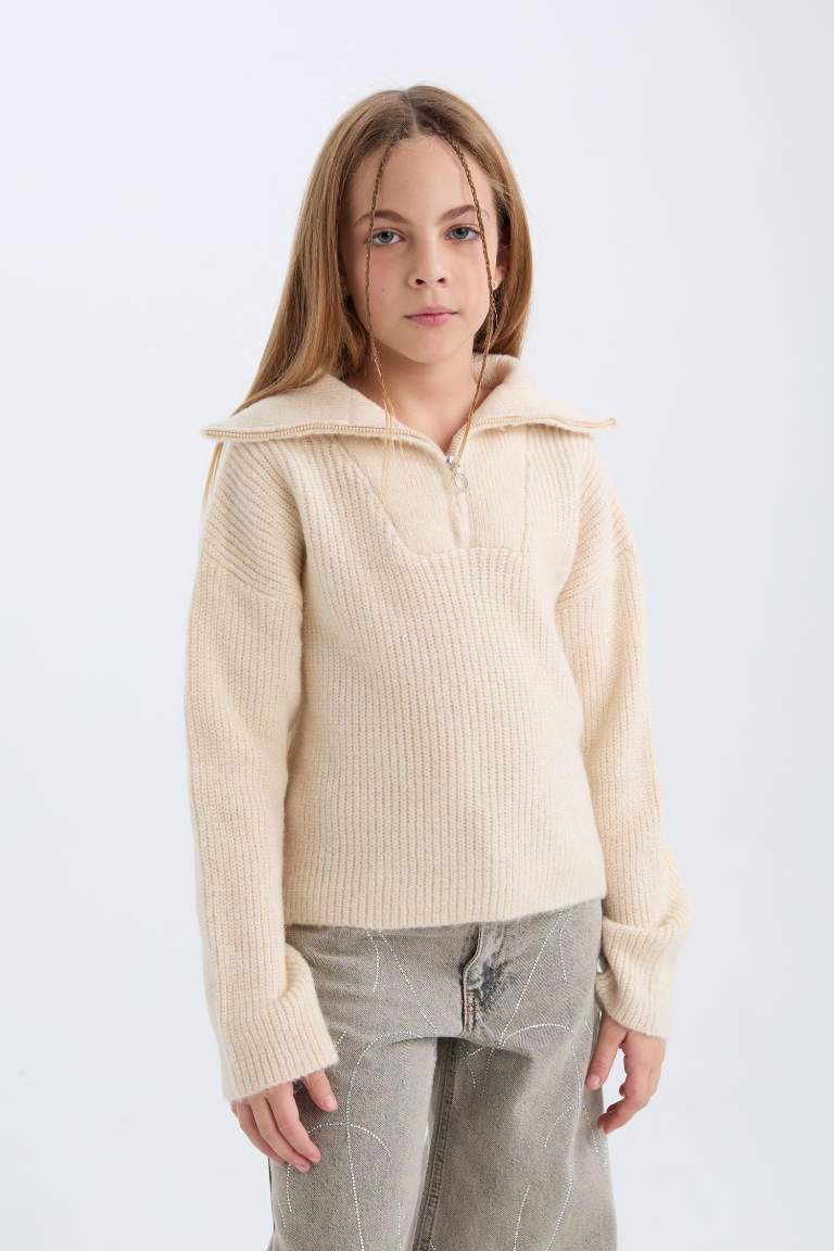 Pull en tricot à col montant zippé pour fille