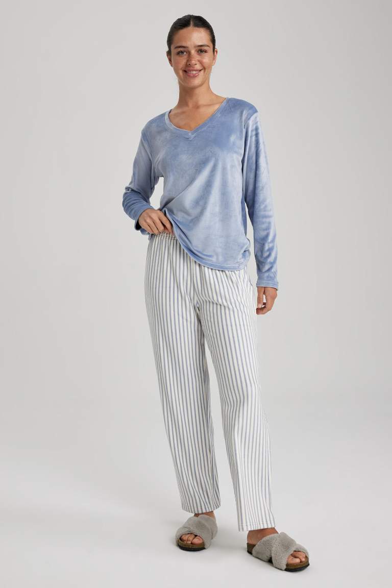 	Fall in Love Pijama Takım V Yaka Basic Düz Uzun Kollu Velur Üst Çizgili Beli Lastikli Alt